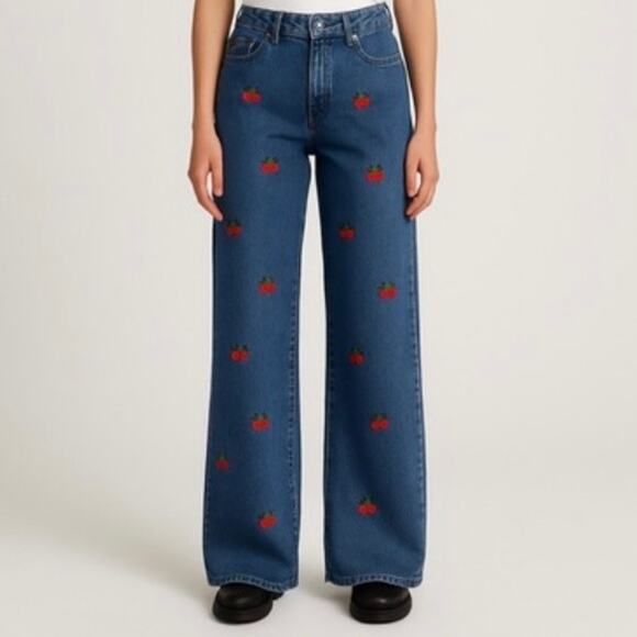 Ashley Mason Premium Flare Wide Leg Baggy Jeans
Cherry Embroidered 
Size 1/25 - Picture 1 of 7